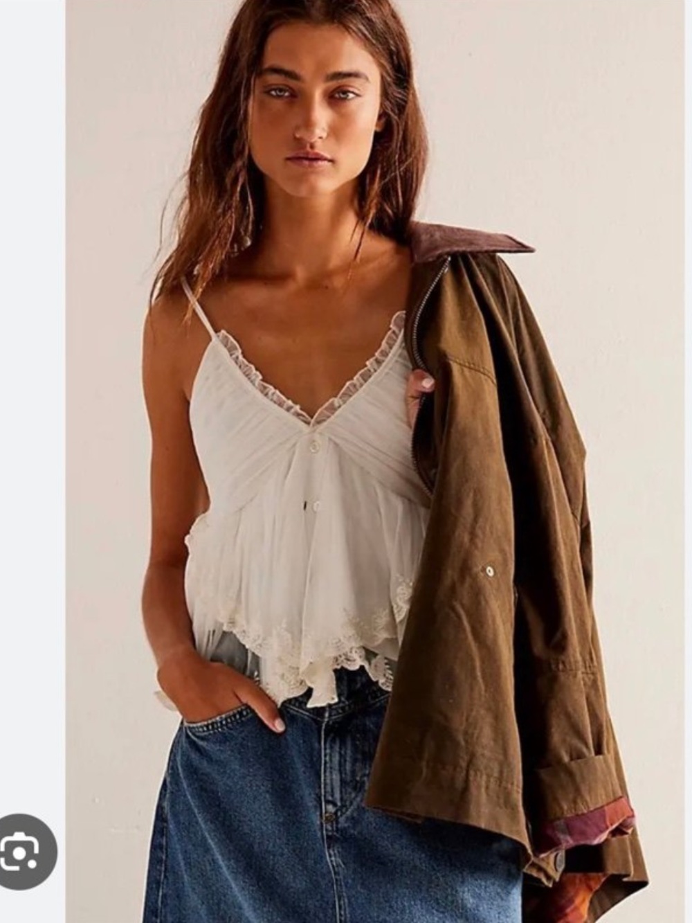 Free People White Lace Trim Ruffle Camisole Tank